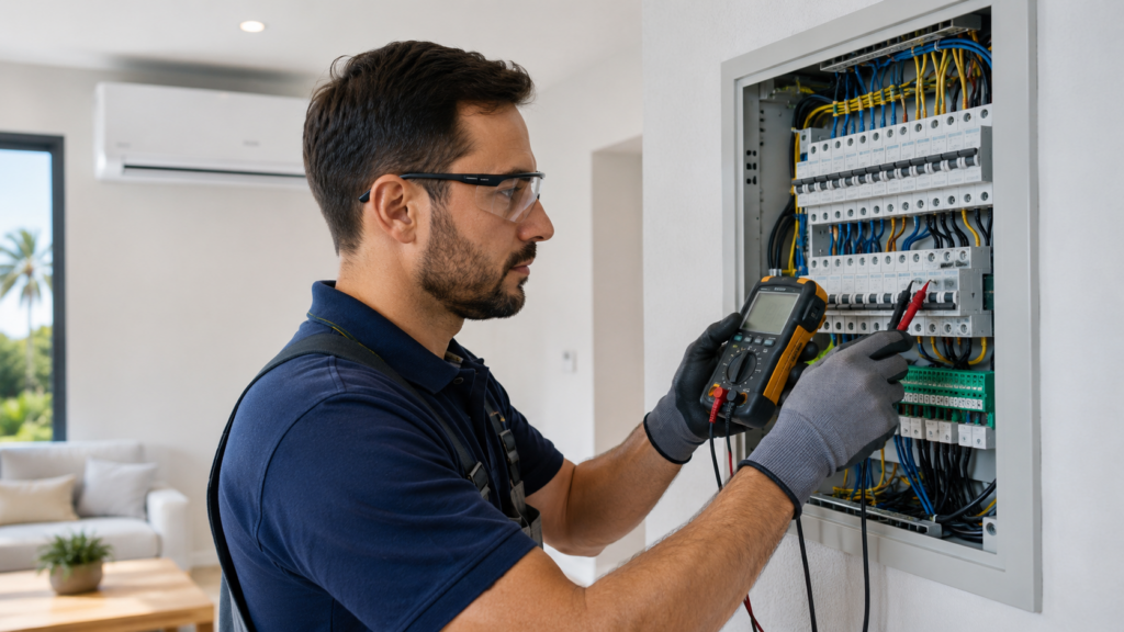 Electricista midiendo la potencia eléctrica para instalar aire acondicionado