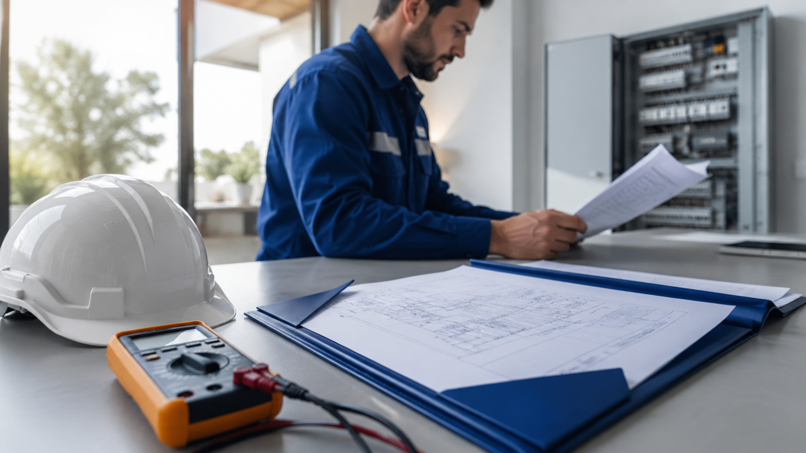Documentación de CIE, boletín eléctrico y certificado de instalación junto a un cuadro eléctrico