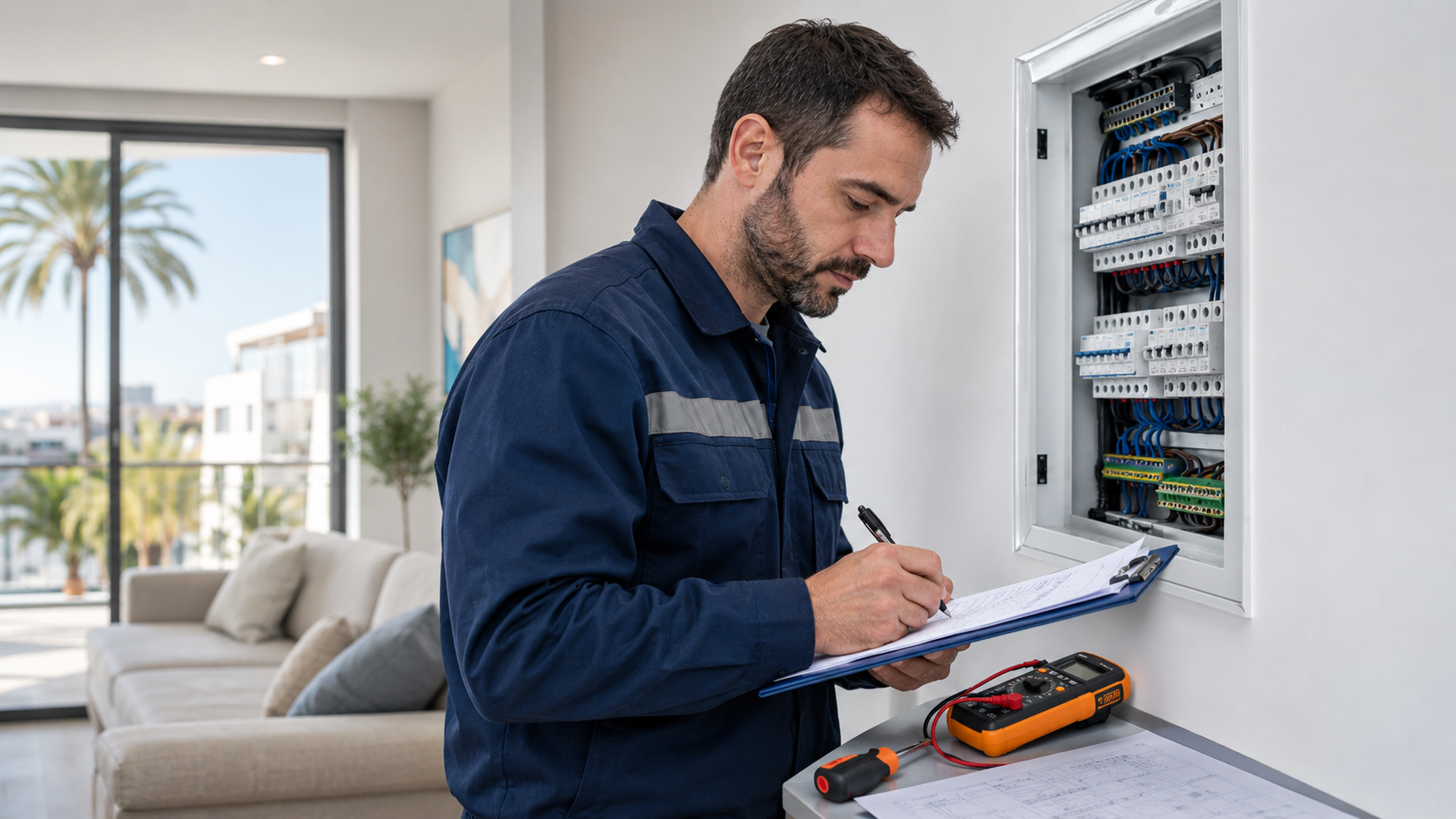 Electricista revisando documentación para legalizar una instalación eléctrica en Valencia